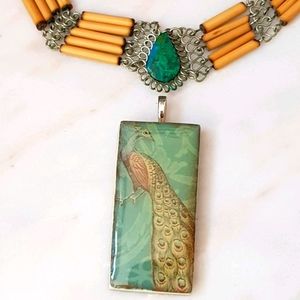 Peacock Pendant + Emerald Green Necklace